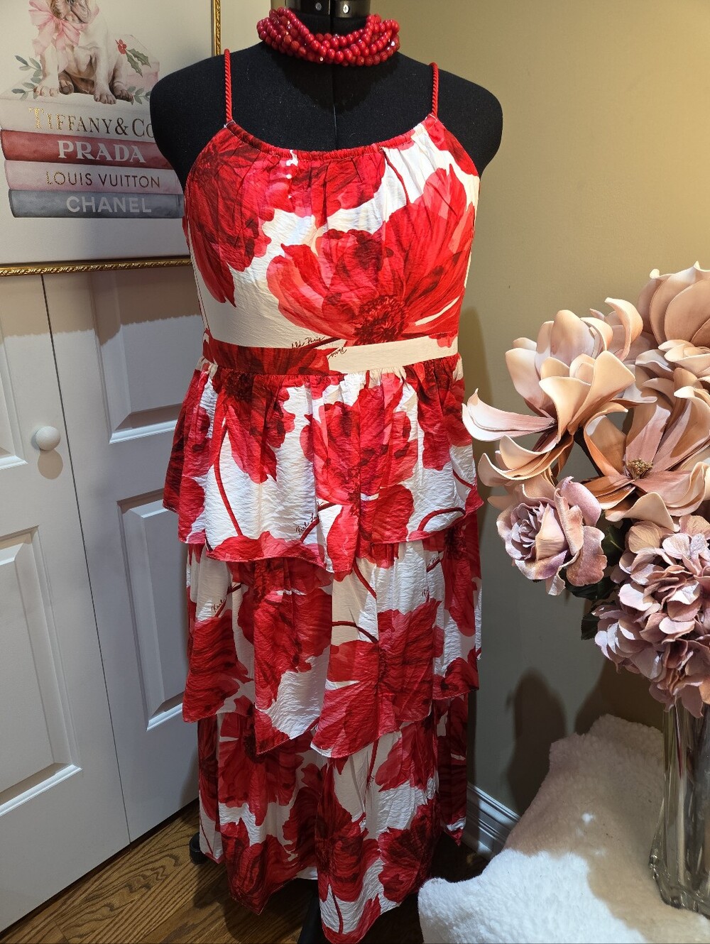 Nwt 10 Karl Lagerfeld Red and White Floral Maxi Dress